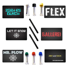 Baller bottle with telescopic spoon made of "Ballerie", "Flex", "Mr. Plow", "Pull it through", "Let It Snow" card and black tube made of aluminium for snuff scoops (Set15)
