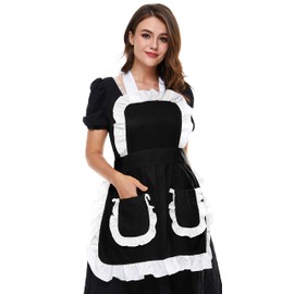 LilMents Women's Ruffles Outline Retro Pockets Apron Kitchen Cooking Cleaning Maid Costume (Black)