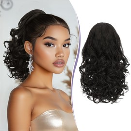 RUWISS Short Ponytail Hairpiece with Drawstring - 33 cm Synthetic Ponytail Extension Wavy Curly Ponytail Extension for Women (Black Brown)