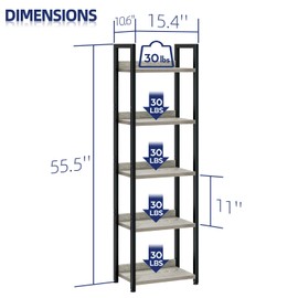 NUMENN Narrow Bookshelf, 5 Tier Bookshelves, Home Office Bookcase Shelf Storage Organizer, Free Standing Storage Shelving Unit for Bedroom, Living Room and Home Office, Grey