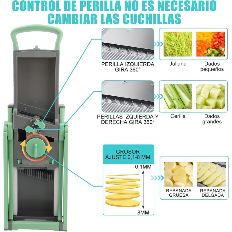 Cortador de Verduras, Acero Inoxidable + ABS, Grosor Ajustable, Verde