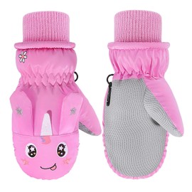 MoKo Toddler Winter Mittens, Warm Coral Fleece Gloves with Linking Buckles Waterproof Non-slip Ski Gloves for Girls Boys 2-4 Years Snow Mitten for Skiing Snowboarding Outdoor Activities, Pink
