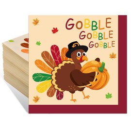 50 Pcs Thanksgiving Day Paper Napkins, Turkey Disposable 3-Ply Cocktail Napkins, Cute Gobble Luncheon Napkins for Fall Thanksgiving Party Decorations, Autumn Harvest Dinner Supplies