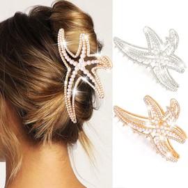 CAKURE Starfish Claw Clips Gold Pearl Hair Clips Rhinestone Hair Claws Daily Beach Hair Accessries for Women (Pack of 2) (a-gold&silver)