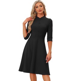 Allegra K Work Dresses for Women 2025 Vintage 3/4 Sleeve Church Semi Formal Fit and Flare Dress X-Small Black