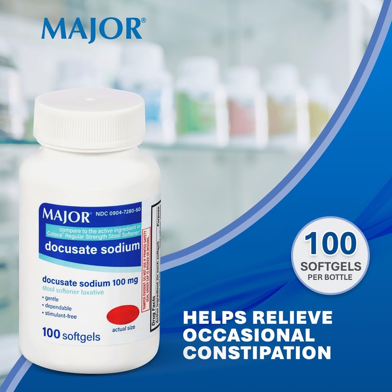 MAJOR Docusate Sodium 100mg Softgels, Stool Softener Laxative for Occasional