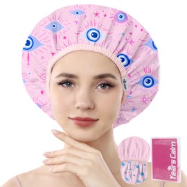 Years Calm Evil Eye Shower Caps for Women Reusable Waterproof, Pattern and Solid Color Dual-Layer Design, Hair Cap for Shower with Elastic Band, Fits Braids, Dreadlocks & Long Hair (Pink)