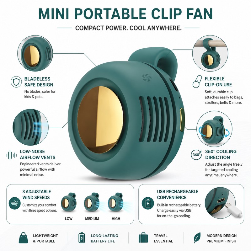 Mini Clip-On Portable Fan for Daily Cooling – Bladeless 3-Speed