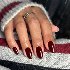 Burgundy Dark Red Press on Nails Short Oval Round Nails Glue on, SXVME Fall Winter Short Fake Nails Press ons, Acrylic False Nails Handmade of Gel, Christmas Almond Nails, Big & Petite Fingers, 24Pcs