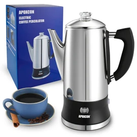 APOXCON Electric Coffee Percolator Stainless Steel Coffee Maker with Clear Brew Progress Tough Glass Knob and On/OFF Switch Classic Coffee Pot with Keep Warm & Cordless Serve No Aluminum (12 Cup)