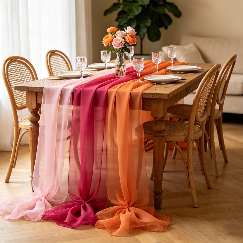 Pink Orange Party Decoration Table Runner, 3 Pack Boho Chiffon