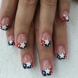 4th of July Press on Nails Short Square French Tip Fake Nails Nude Full Cover Wave Point Big Star False Nails with Designs Glossy Glue on Nails Tricolor Flag Acrylic Artificial Nails for Women Girls