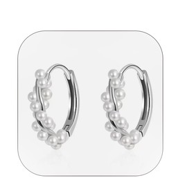 ALRNBY Gold Pearl Hoop Earrings for Women Silver Dainty Huggies Gold Plated Twisted Pearl Earrings Non Tarnish Small Huggies Trendy Jewelry (Silver-Hoop)