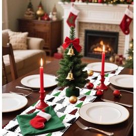 MUNILAIL 6 PCS Christmas Table Runner Plastic 14 x 108 Gingham Tree Table Runner for Christmas Winter Holiday Kitchen Dining Tabletop Centerpiece Decorations Disposable Xmas Runners