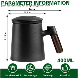 Tea Cup with Lid and Strainer, 400 ml Wooden Handle Tea Cup, Tea Cup with Strainer, Cup with Lid, Tea Cup, Tea Cup with Lid for Gift, Home, Soaking Tea