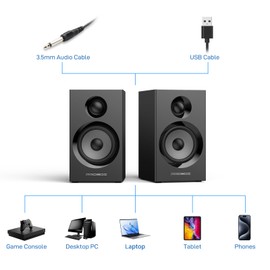 Probox BT16 HiFi Bookshelf Speakers 3.5" Woofer with 1" Tweeter, 60W(30Xx2) Bluetooth 5.3, Powered Stereo Speaker with 24bit DAC USB and Adjustable Treble/Bass, Computer Gaming PC Speakers - Black