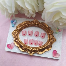 Press on Nails Short Square Fake Nails with Red Heart Designs White French Tip Nails Press ons Glossy Glue on Nails Nude False Nails Acrylic Stick on Nails for Women 24Pcs