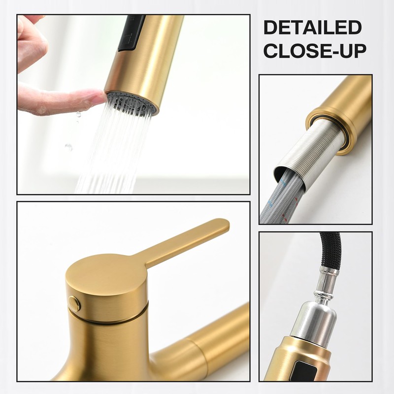 FROPO Gold Kitchen Faucets, Brushed Gold Kitchen Faucet with Pull