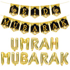 12 Pcs Umrah Mubarak Decoration,Umrah Mubarak,Umrah Mubarak Balloons,Umrah Mubarak Gifts,1 Gold Umrah Mubarak Banner for Ramadan,Muslim, Eid Decoration Party