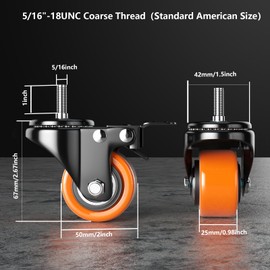 2 Inch Caster Wheels, Threaded Stem Casters Set of 4 Heavy Duty, 5/16"-18x1" (Screw Diameter 5/16", Stem Length 1"), Safety Dual Locking Industrial Castors, Wheels for Cart, Furniture