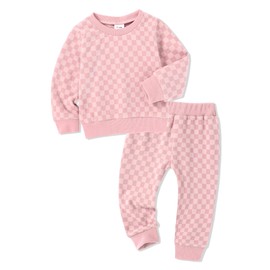 WESIDOM Toddler Baby Girl Clothes Checkered Long Sleeve Pullover Tops + Pants Toddler Girl Sweatsuit Fall Winter Outfits(Pink, 6-12 Months)