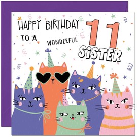 11th Sister Birthday Cards - Childrens Cute Cat Sisters Birthday Card for 11 Year old Kids eleven, eleventh