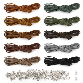 Yangfei Pack of 10 Leather Cord 5 m x 3 mm, Leather Cord Suede Cord Thread for DIY Bracelet Necklace Jewellery with 100 x Jewellery End Caps (10 Colours)