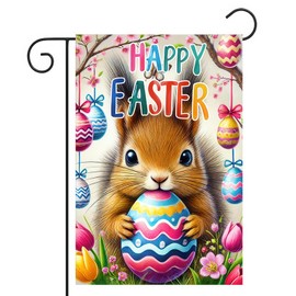 BlissYard Happy Easter Squirrel Garden Flag Easter Decor Colorful Egg Bunny Flower Decorations Double Sided 12x18 Inch Outside Decor Patio Yard Lawn Garden Yard Flags