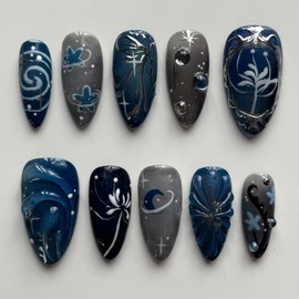 Blue Press on Nails Flower Fake Nails Black Ombre False Nail with Design Medium Almond Glue on Nails Glossy Full Cover Artificial Acrylic Stick on Nail for Women Girls Manicure 24Pcs