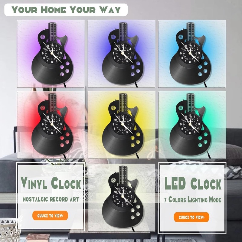 Guitar Vinyl Wall Clock – Silent Non-Ticking 30x30cm Decorative Clock
