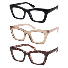 AMOMOMA 3 Pack Trendy Oversized Blue Light Stylish Readers for Women,Retro Square Cute Sturdy Computer Womens Reading Glasses AM6042 Black+Brown+Purple Tortoise 0.00