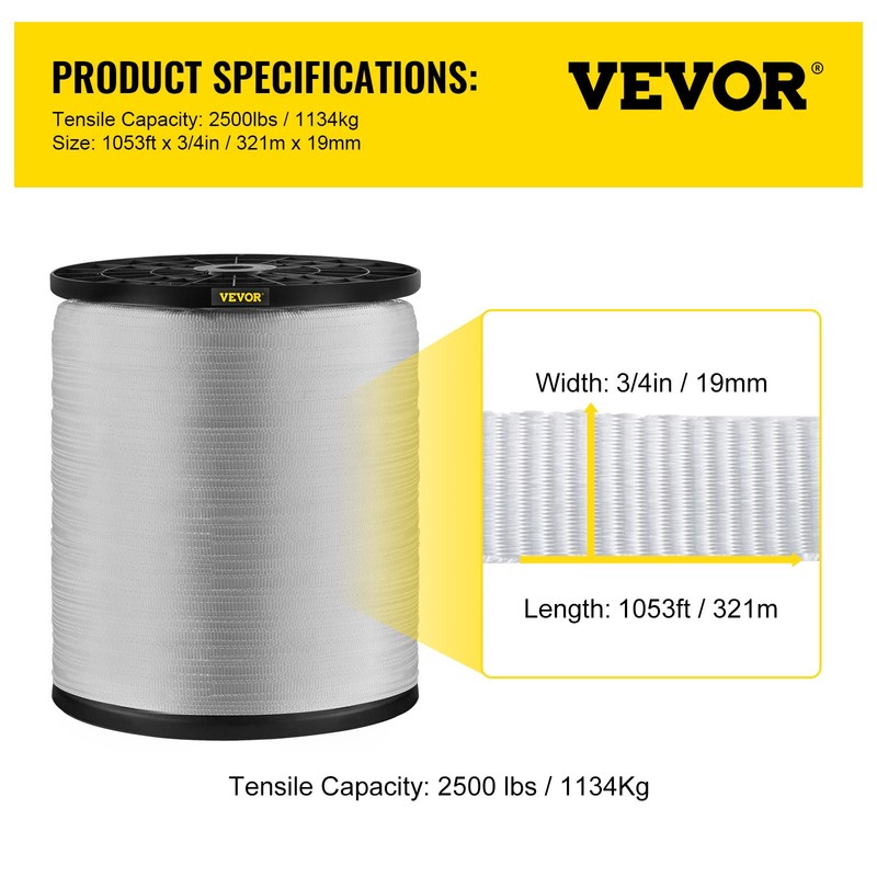 VEVOR 2500Lbs Polyester Pull Tape, 1053' x 3/4" Flat Tape