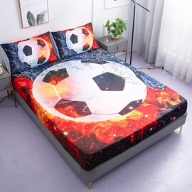 Roscloud Sports Soccer Balll Sheets Sets Full Size - 3PC Ice Flame Galaxy Soccer Ball Boys Fitted Sheets（Fitted Sheet1 Pillowcases2）