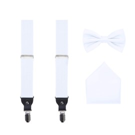 S.H. Churchill & Co. Men's 3 Piece Suspender Set - Includes Suspenders, Matching Bow Tie, Pocket Hanky and Gift Box - White