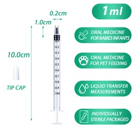 1ml Syringe for Liquid, Oral, Scientific Labs, Measurement, Dispensing, with Cap- 3 Pack 1ml Syringes