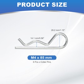 PATIKIL M4 x 85 mm Cotter Pin Assortment Kit, 6 Pcs Heavy Duty R Clips Hardware Pin Carbon Steel Spring Fasteners Hitch Pin for Trailer Locking Lawn Mowers Truck, Silver Tone