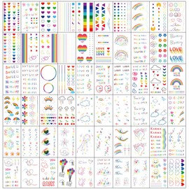 Esland Rainbow Doodles Temporary Tattoos Packgae 60 Pcs Vibrant Designs Hearts Dots Geometrics Words Quotes Fake Tattoos Stickers for Kids and Women