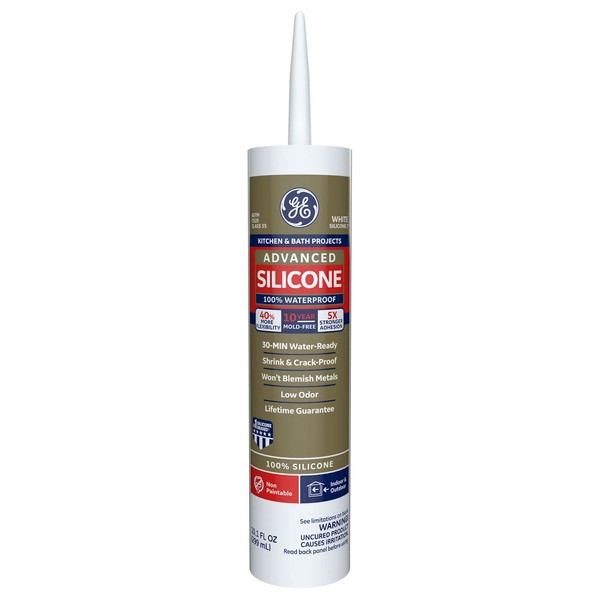 GE Advanced Silicone Caulk for Kitchen & Bathroom - 100% Waterproof Silicone Sealant, 5X Stronger Adhesion, Shrink & Crack Proof - 10 oz Cartridge, White, Pack of 12
