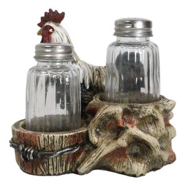 Ebros Gift Rustic Country Barnyard White Breasted Rooster Chicken By Barbed Wire Barrel Glass Salt And Pepper Shakers Holder Figurine Western Kitchen Countertop Bar Accent