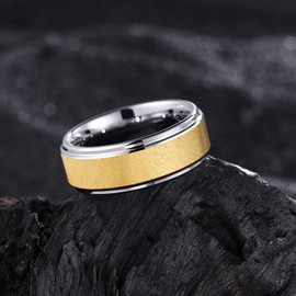 King Will CLASSIC 8mm Tungsten Ring, Silver Mens Wedding band with Wide Gold Matte Brushed Strip Comfort Fit Polished Men's Ring 8