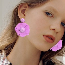 Vavhoo Rattan Earrings Summer Boho Handwoven Big Fabric Chiffon Rattan Flower Drop Earrings Statement Tropical Beach Vacation Jewelry (Violet)