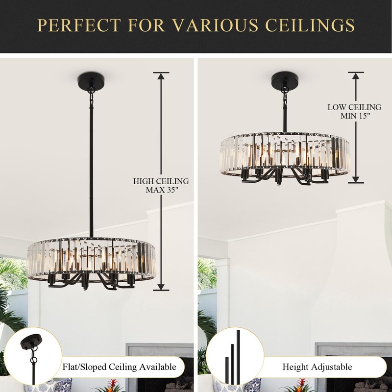 Black Crystal Chandelier for Dining Room, 6-Light Modern Semi Flush
