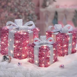 Quntis Set of 3 Light Up Present Boxes, 140 LEDs Christmas Decorations Parcels Lights, Plug In Pink Illuminated Present Lights Gift Boxes Christmas Tree Pink Decorations Indoor Xmas