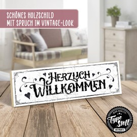 TypeStoff HS-00311 Wooden Sign with Saying "Herzlich Welcome" in Vintage Look with Quote as a Gift and Decoration on the Theme of Home and Welcome