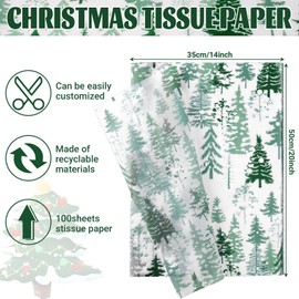 100 Sheets 20 * 14 Inches Christmas Tissue Paper for Gift Bags, Green Christmas Tree Pattern Tissue Paper for Gift Wrapping, Rustic Art Tissue for Winter Holidays Birthday Xmas New Year DIY Craft