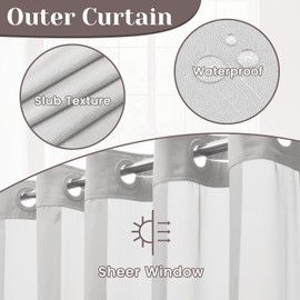 SORTTO No Hook Slub Textured Shower Curtain with Snap in Liner - Grey Fabric Outer Curtain & Waterproof Inner Liner, Hotel Style with See Through Top Window, 71x80 in