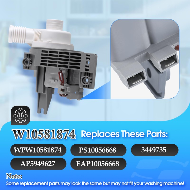 W10581874 Washer Drain Pump Compatible with Whirlpool Kenmore Maytag, Replacement