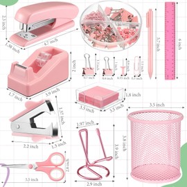 12 Pack Desk Accessories Office Supplies Set Include Stapler Staple Scissor Staple Remover Tape Dispenser Ballpoint Pen Sticky Notes Holder Phone Holder Ruler Pen Holder for Christmas Gift (Pink)
