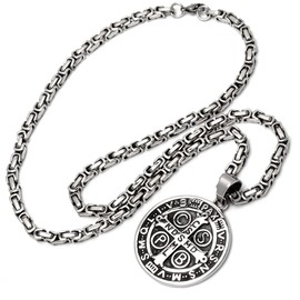 Schmuck-Checker Large Protective Amulet with Benedict Cross 316L Stainless Steel Byzantine Chain Silver with Pendant Men's Biker Jewellery Gift, Stainless Steel