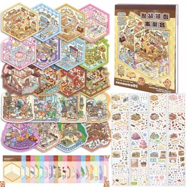 Afufu Cute Stickers for Adults & Kids, 20 Sets 3D Sticker Scene DIY Miniature House Kit, Reusable Sticker Book Sticker Therapy Store, Non Toxic Safe Craft Set for Stress Relief Creative Fun Collection